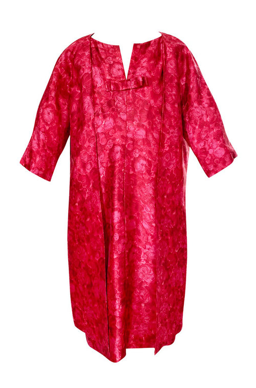 Mid 1950s Christian Dior London Demi-Couture Raspberry Printed Silk Coat & Dress Set