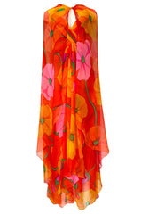 Spring 1992 Bob Mackie Huge Tropical Flower Print Silk Chiffon Dress w Matching Cape