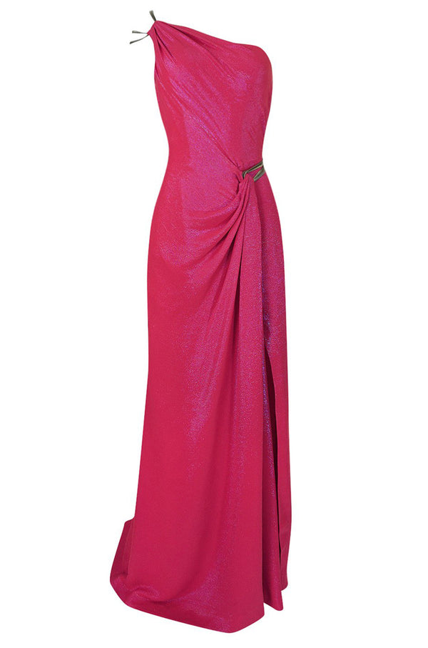 1990s Thierry Mugler Couture Bright Pink Metallic Lurex One Shoulder Dress w High Slit