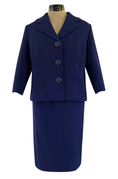 Spring 1960 Pierre Balmain Haute Couture Deep Blue Skirt Suit w Swing Back Button Detailing