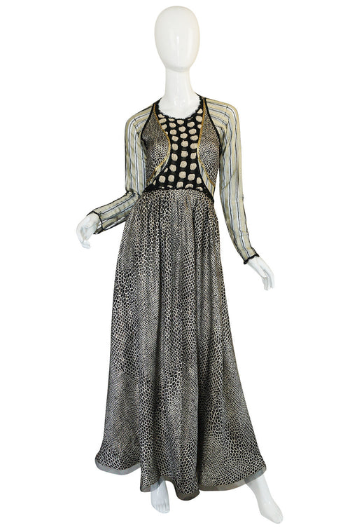 1970s Geoffrey Beene Couture Gold Metallic Lurex & Net Print Dress