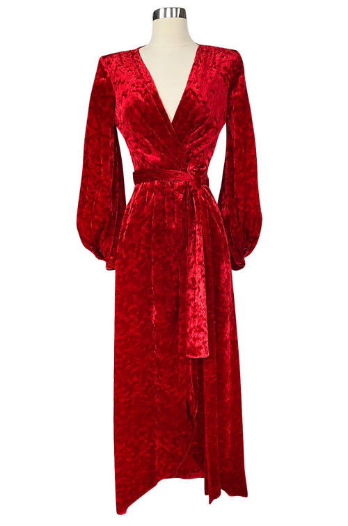 1985 Yves Saint Laurent Red Crushed Velvet Wrap Plunge Dress