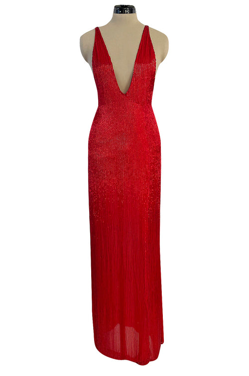 Showstopping Fall 1975 John Anthony Couture Deep Plunging Red Dress Entirely Covered in Glass Beads