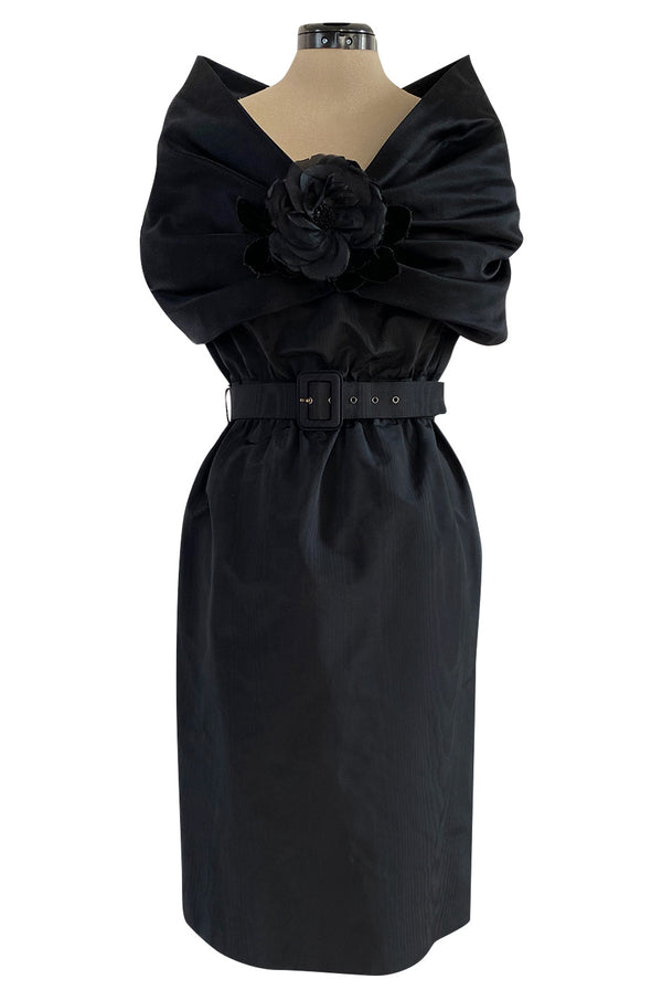 Exceptional Late 1970s Ady Couture Lausanne Black Silk Dress w Dramatic Wide Collar Shoulder Wrap