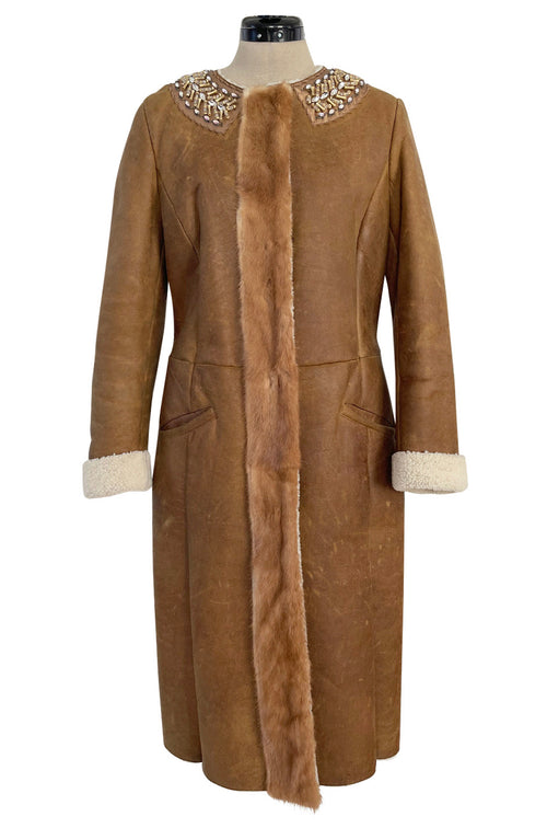 Iconic Fall 2004 Prada Look 14 Runway Shearling Coat w Mink Beading & Crystal Detailing