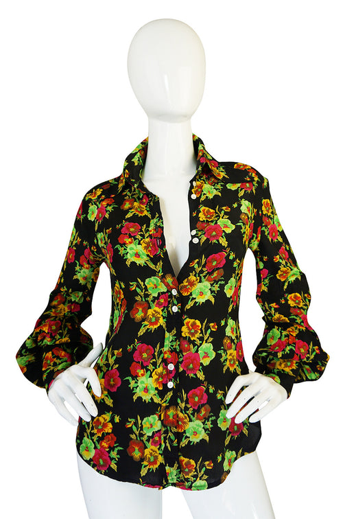 1960s Rare Bright Floral Silk Jeff Banks Button Shirt