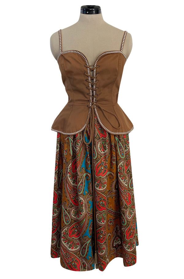 Documented Spring 1977 Yves Saint Laurent Iconic Laced Corset Top & Matching Printed Skirt