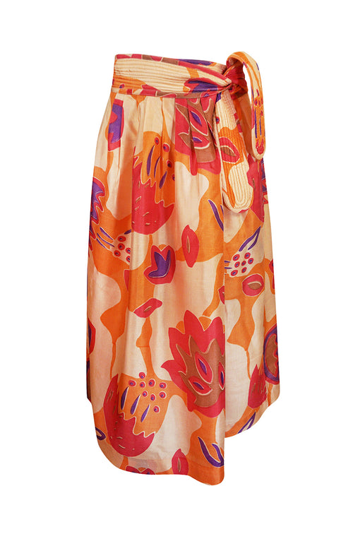 1970s Bill Tice Printed Oversized Floral Tissue Silk Peach Skirt