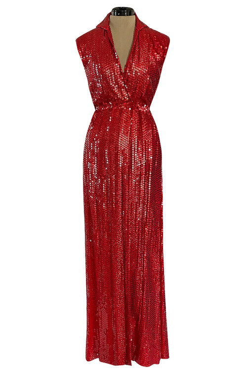 Iconic 1970s Halston Couture Glossy Red Sequin Full Length Wrap Dress w Plunge Front