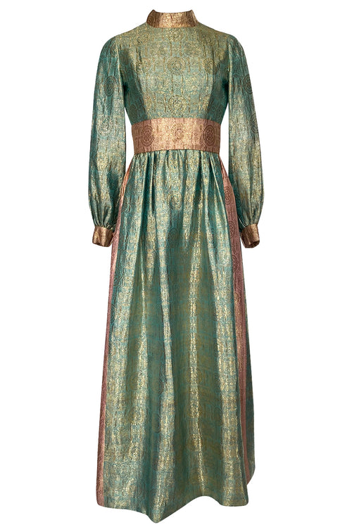 1960s George Halley Gold Metallic Blue-Green & Dusty Pink Lame Dress