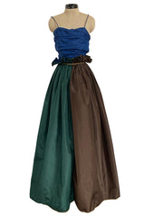 Dreamy 1970s James Galanos Blue Brown & Green Silk Dress w Ruffled Waist & Metallic Gold Trim