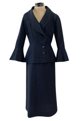 Stunning 1950s Jacques Fath Deep Navy Blue Silk Button Vent & Side Button Jacket Suit