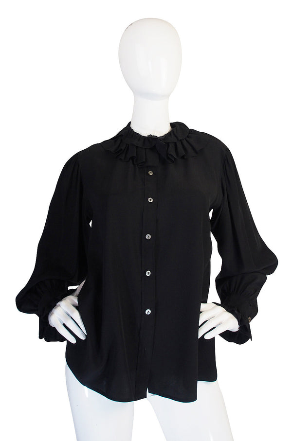 1970s Black Silk Ruffle Yves Saint Laurent Top