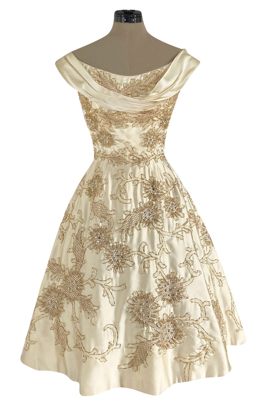 Incredible 1950s Ceil Chapman Ivory Silk Satin Dress w Gold Metal Ribb ...