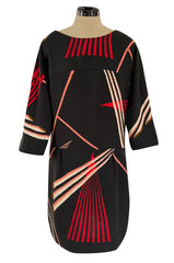 Fall 2007 Marni Black & Red Graphic Pattern Dress w V Neck That Can be Worn Back or Front