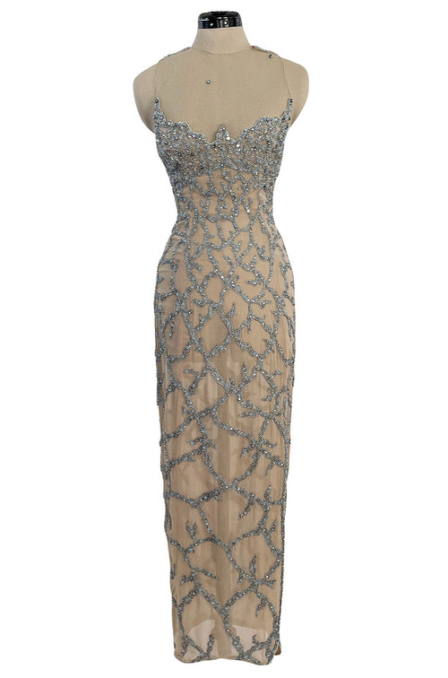 Exquisite 1985 John Anthony Nude Silk Chiffon & Net Dress w Silver Chain Rhinestones and Beads