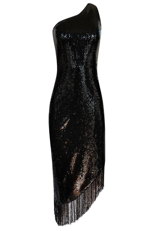 Fall 1974 Bill Blass One Shoulder Glossy Black Sequin Dress with Fringe Hem