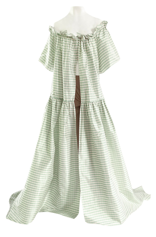 Spring 1999 Oscar De La Renta Pale Green Striped Silk Taffeta Billowing Over Dress & Pant Set