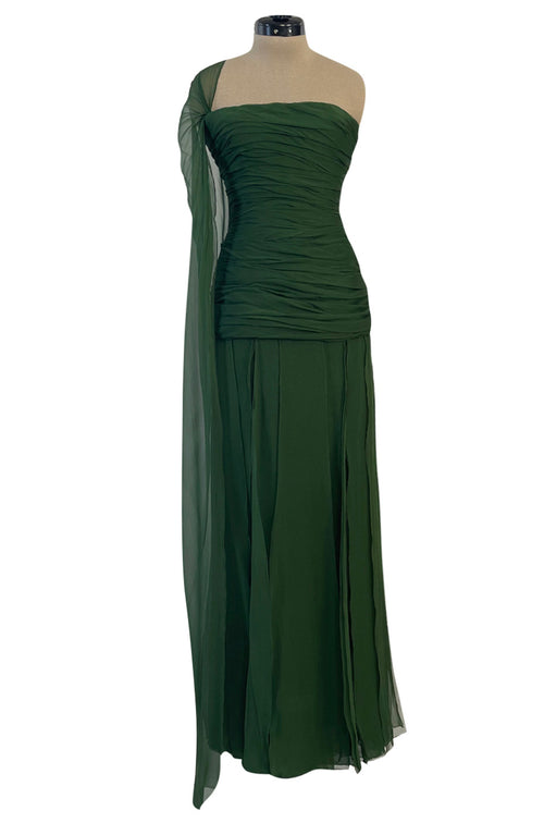 Spectacular Late 1970s Galanos Moss Green Silk Chiffon Car Wash Hem Dress w Draped Shoulder Panel