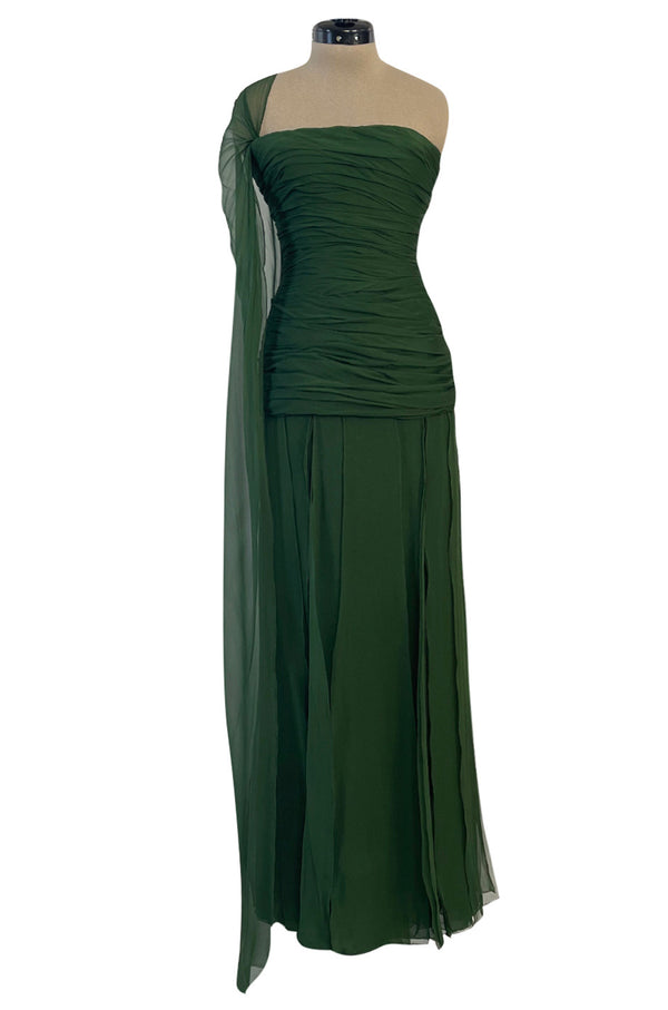 Spectacular Late 1970s Galanos Moss Green Silk Chiffon Car Wash Hem Dress w Draped Shoulder Panel