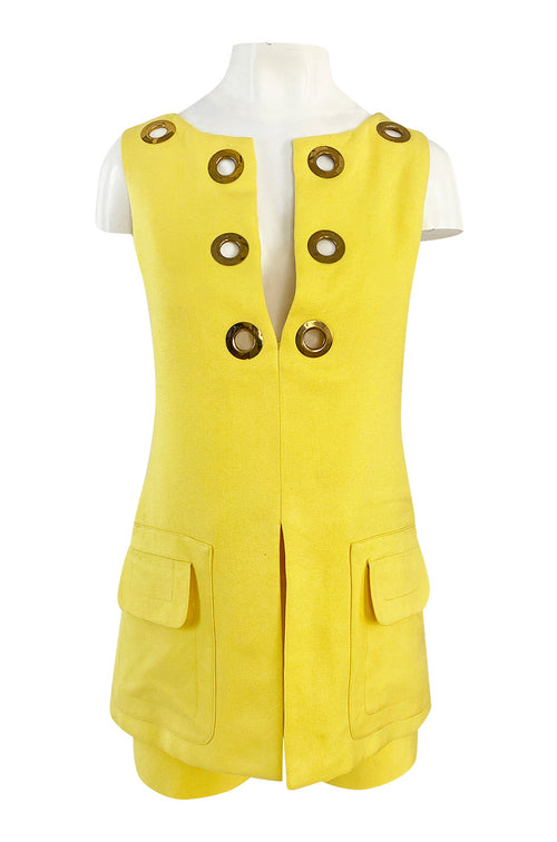 1960s Pierre Cardin Couture Bright Sunny Yellow Tunic & Hot Pant w Open Metal Grommets