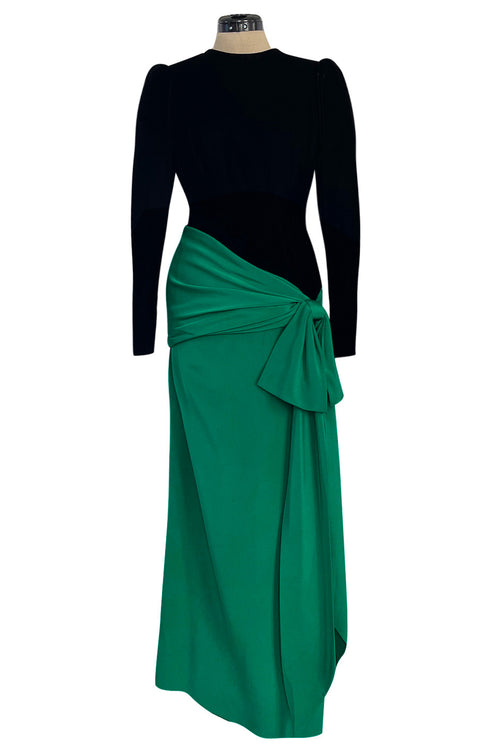 Fall 1983 Ady Couture Lausanne for Yves Saint Laurent Silk Black Velvet Bodice Dress w Emerald Green Silk Skirt