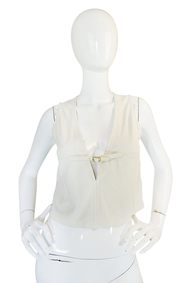 Rare 1970s Gucci Cream Buckskin Suede V Neck Crop Top