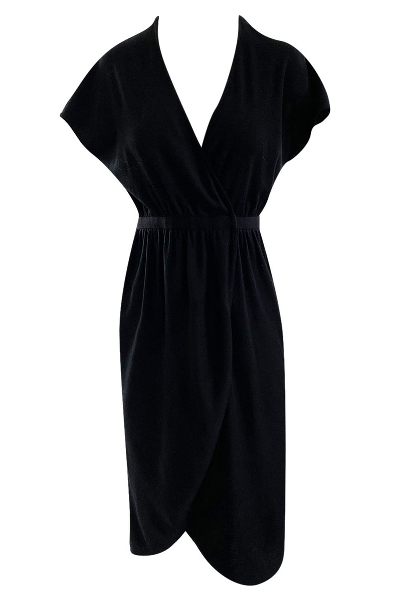 Classic 1970s Halston Soft Black Wool Jersey Front Wrap Dress w Plunging Neckline