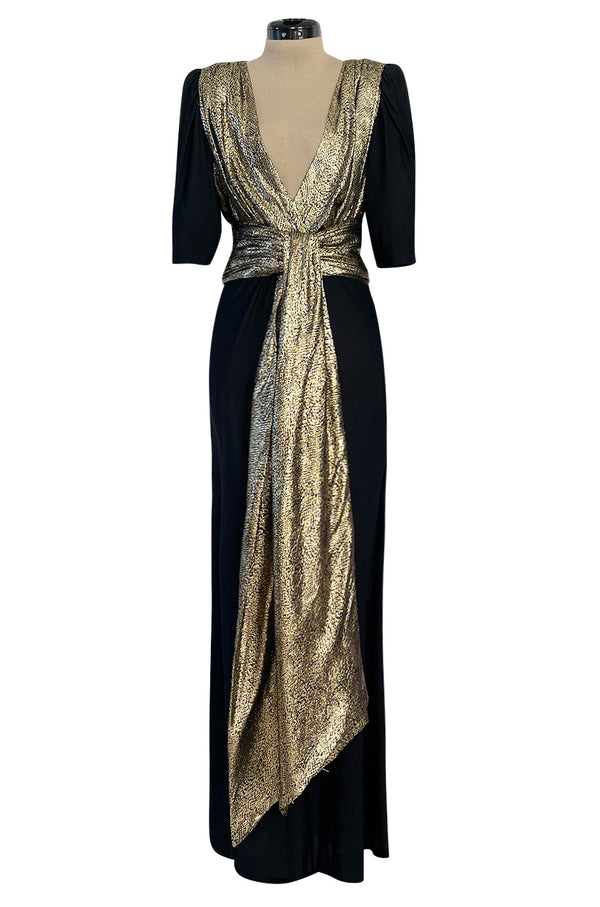 Spring 1986 Yves Saint Laurent Black Crepe & Jersey Dress w Gold Lame Front & Long Sash Belt