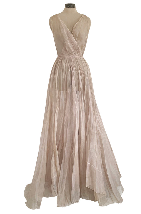 Rare Late 1940s Jacques Fath Pale Nude Silk Organza Dress w Full Skirt & Plunge Front