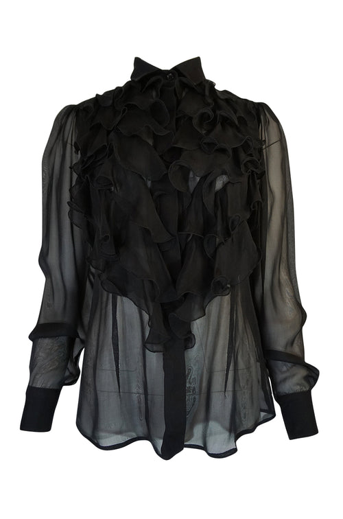 1990s D&G Dolce & Gabbana Semi-Sheer Black Chiffon Ruffle Top