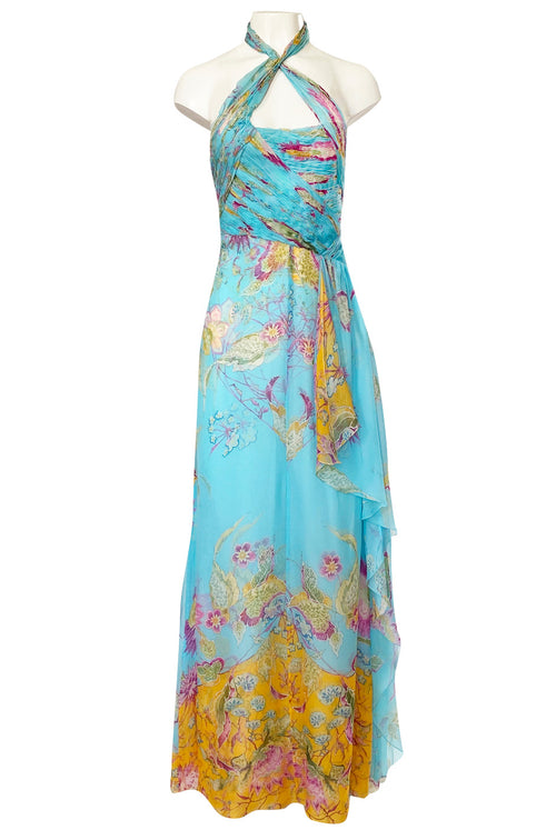 Spring 2004 Valentino Runway Pale Turquoise Silk Chiffin Print Dress