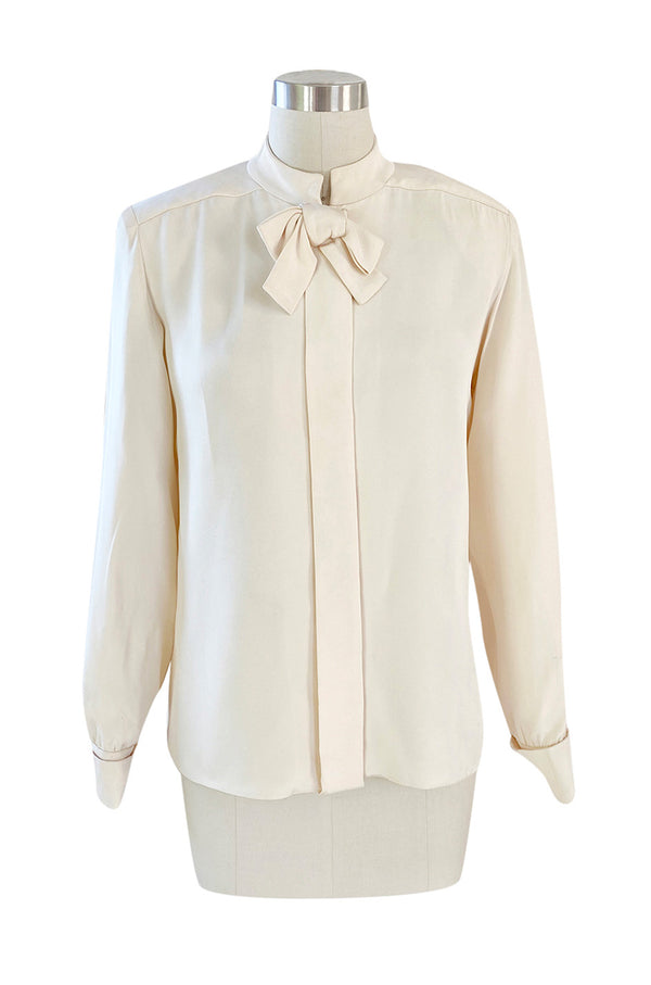 1990s Yves Saint Laurent Haute Couture Ivory Cream Silk Top w Bow & French Cuffs