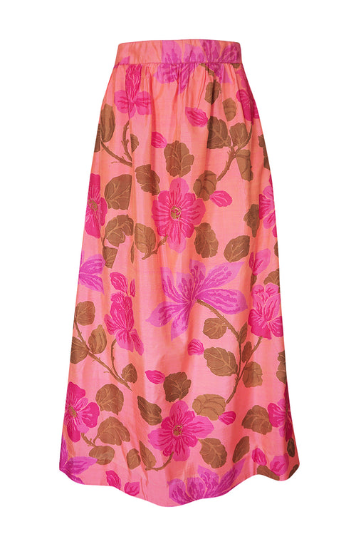 1960s Unlabeled Pink Exotic Floral Print Thai Silk Skirt