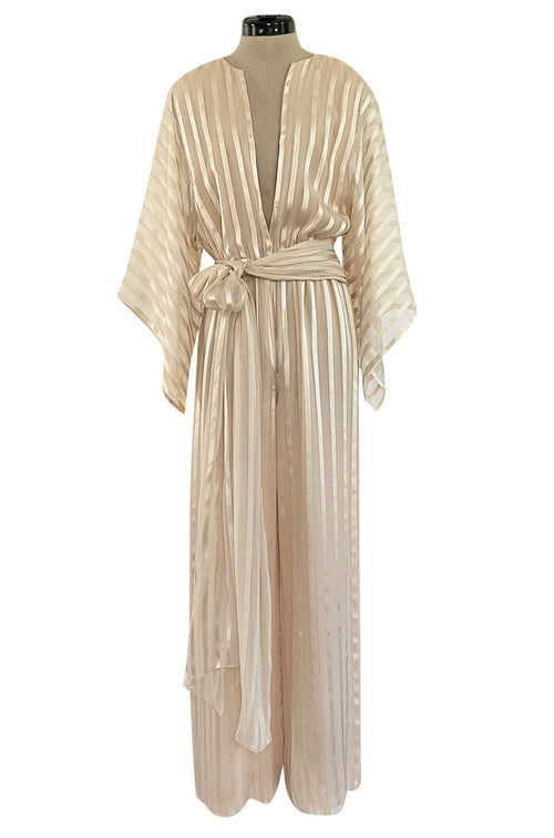 Important 1976 Halston Couture Ivory Ribbon Silk Chiffon Ivory Jumpsuit w Original Sash