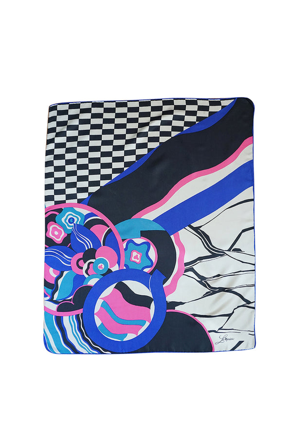 1960s La Mendola Swirls & Checks Graphic Print Silk Scarf