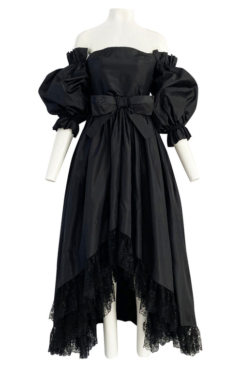 Important Fall 1959 Christian Dior by YSL Couture Black Silk Tafetta & Chantilly Lace Dress w Pouf Sleeves