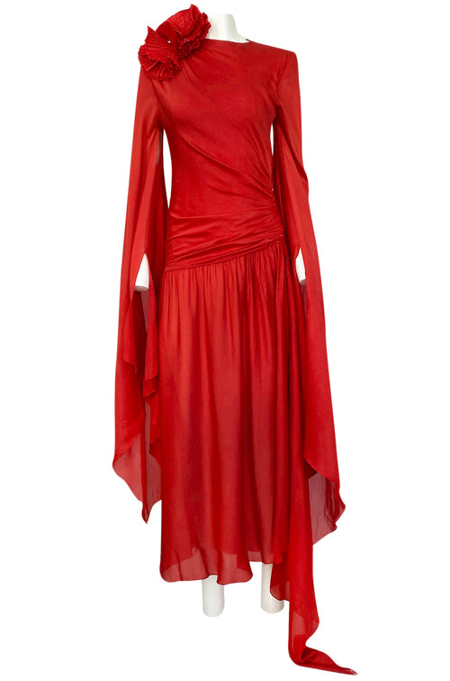 Rare 1970s Nina Ricci Haute Couture Trailing Angel Wing Sleeve Red Silk Dress