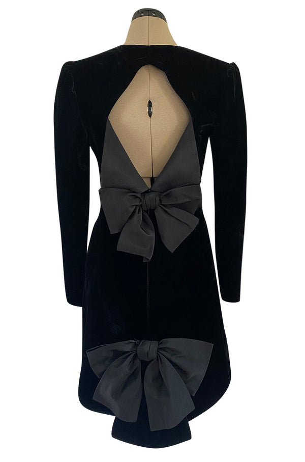 Exceptional 1980s Ady Couture Lausanne Black Velvet Dress w Open Back & Bows