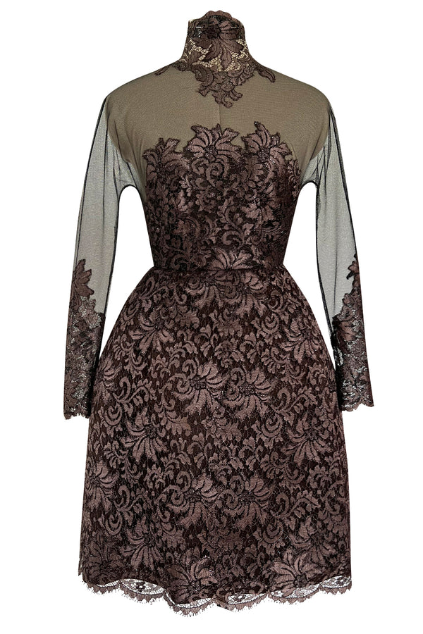 Extraordinary 1990s John Anthony Couture Deep Bronze Lace & Black Silk Netting Full Skirted Dress