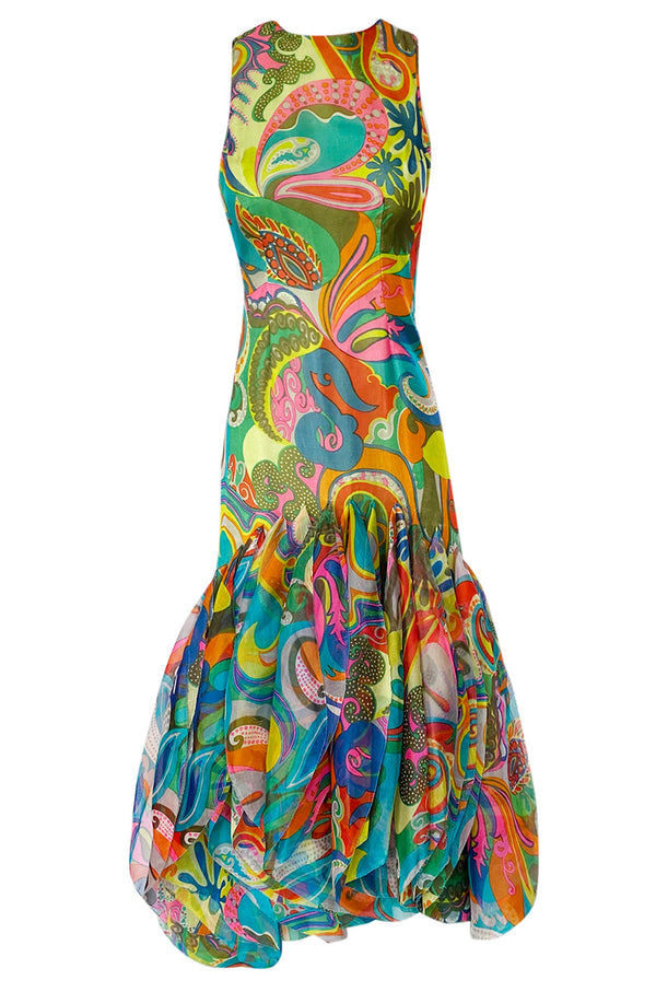 1971 Pierre Cardin Couture Printed Silk Organza Ruffled 'Roundel' Hem Dress