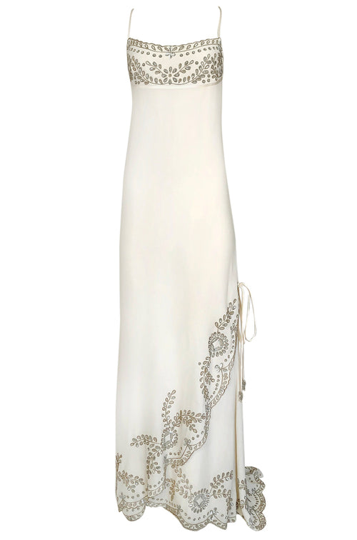 1990s Valentino Trained Backless Ivory Silk Dress w Sequin & Bead Detail