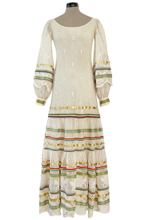 1975 Giorgio Sant' Angelo Hand Crochet Dress w Balloon Sleeves & Metallic Ribbon Detailing