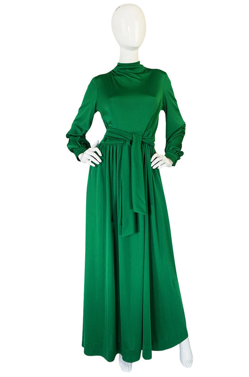 1970s Silk Jersey Emerald Green La Mendola Maxi Dress