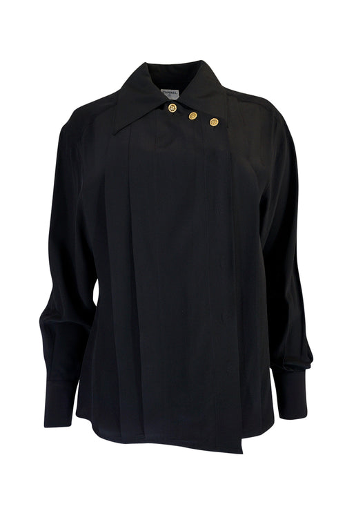 1980s Chanel Black Silk Top w 4 Leaf Clover Gold Buttons