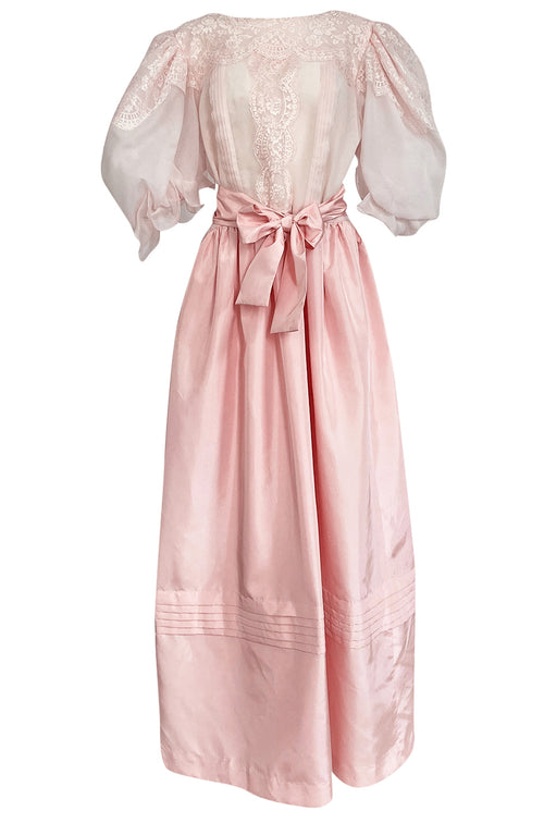 1980s Oscar de la Renta Pale Pink Taffeta, Lace & Chiffon Pouf Sleeve Dress