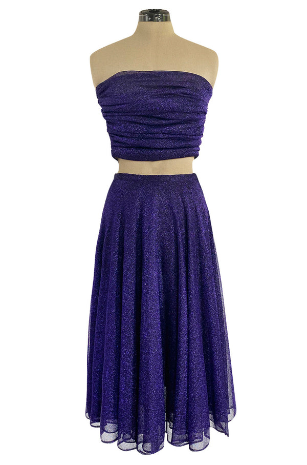 Rare 1978 Halston Couture Metallic Purple Lurex Cropped Bandeau Top & Skirt Set