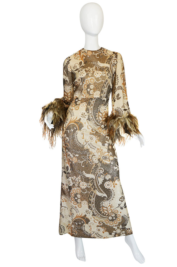 1970s Bill Blass Metallic Gold Lurex Knit & Feather Cuffed Dress