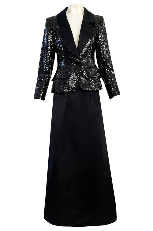 Documented Fall 1992 Yves Saint Laurent Black Sequin 'Le Smoking' Jacket & Silk Maxi Skirt Set