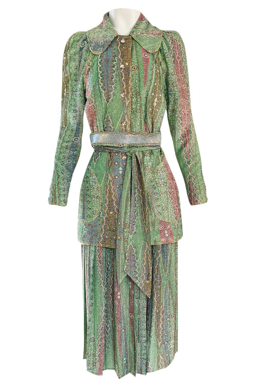 Rare 1973 Bill Gibb Museum Documented Metallic Green Lurex Skirt Top and Jacket Set